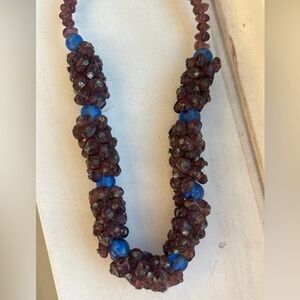 Vintage Artisan Beaded Necklace Featuring Genuine Garnet and Blue Glass Beads.